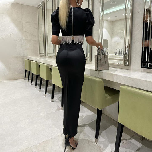 Elegant 2-Piece Set – Slim Fit Top & High Waist Long Skirt