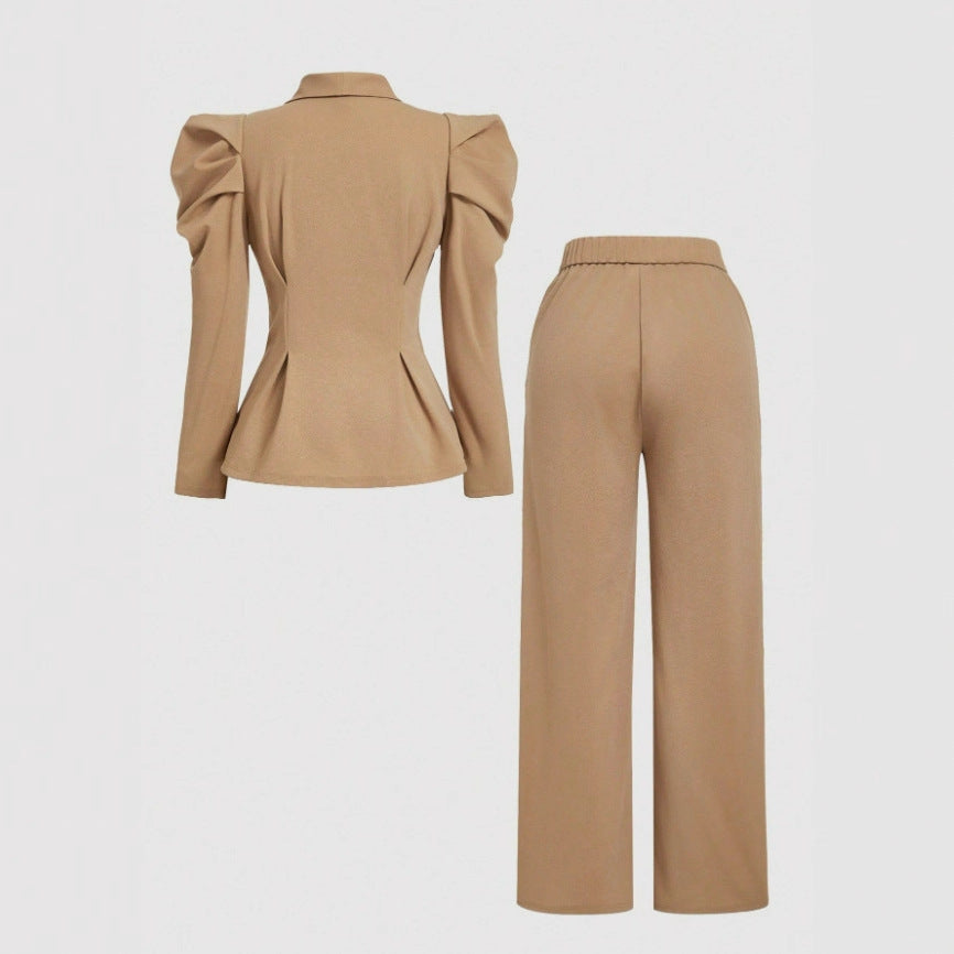 Elegant 2-Piece Suit Set – Blazer Top & High Waist Pants