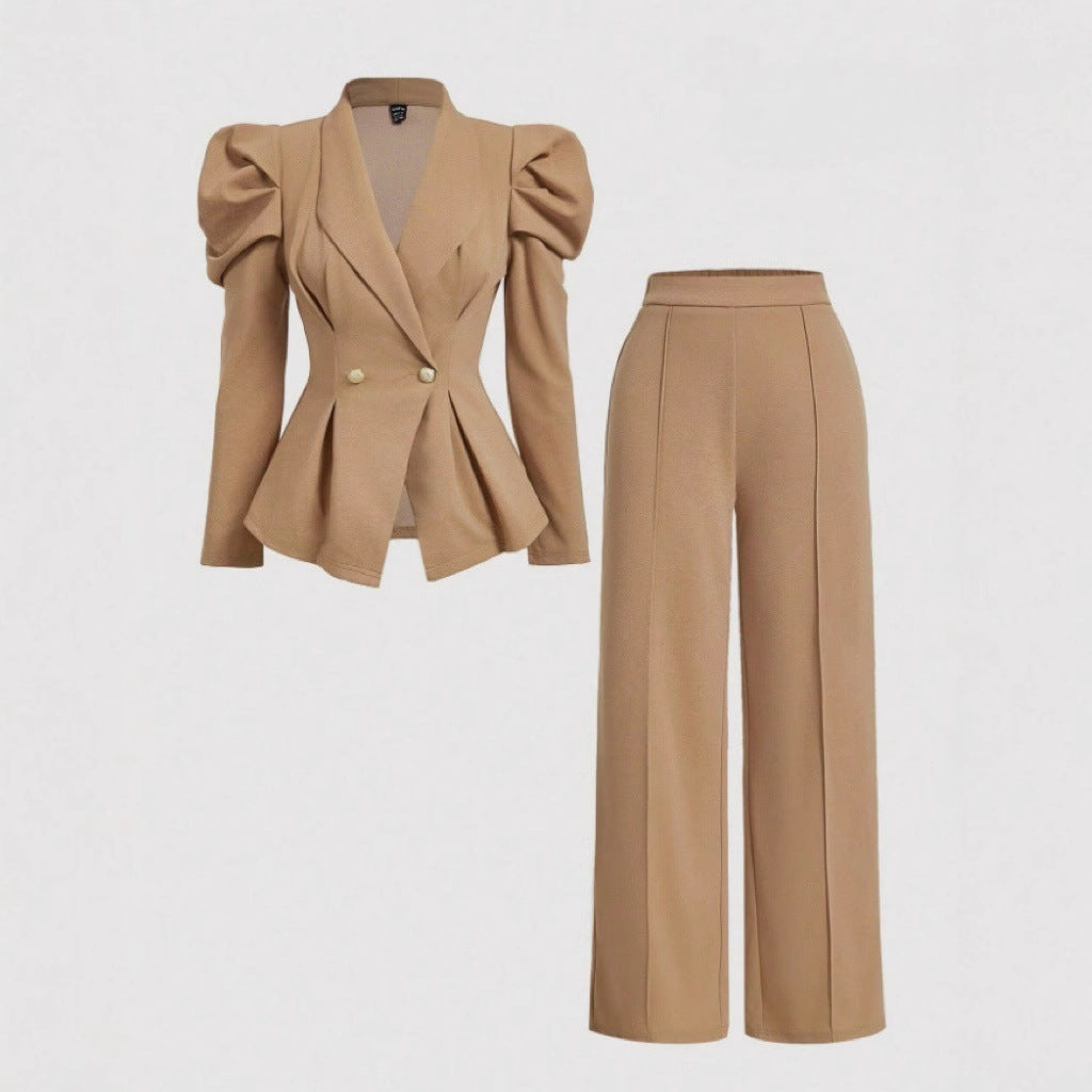 Elegant 2-Piece Suit Set – Blazer Top & High Waist Pants