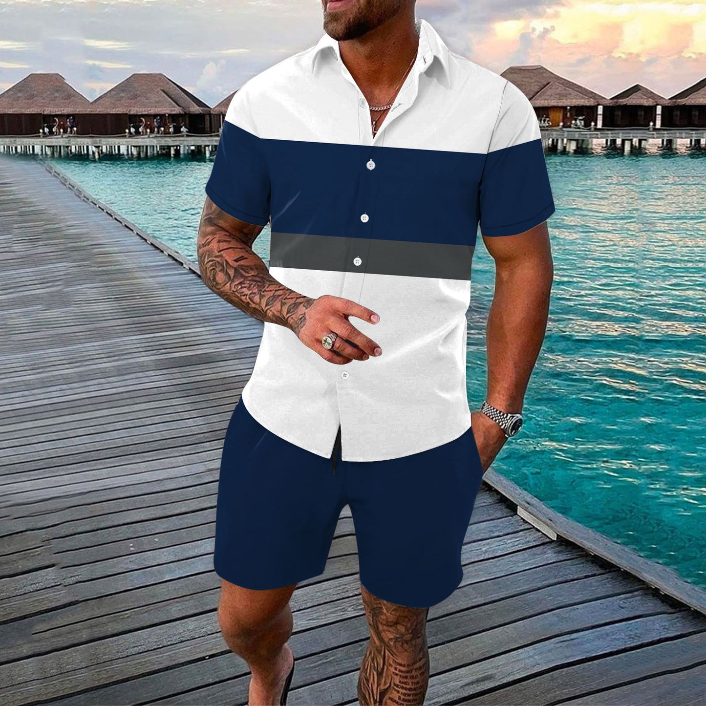 Men Summer 2-Piece Set Shirt & Shorts Casual Outfit