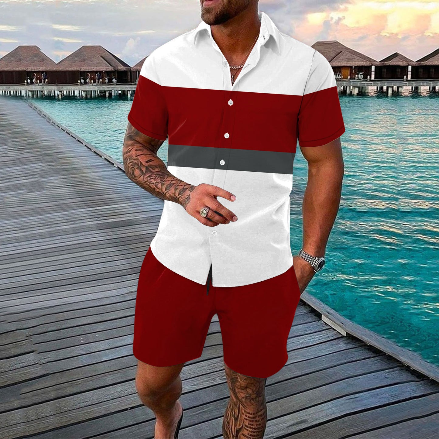 Men Summer 2-Piece Set Shirt & Shorts Casual Outfit