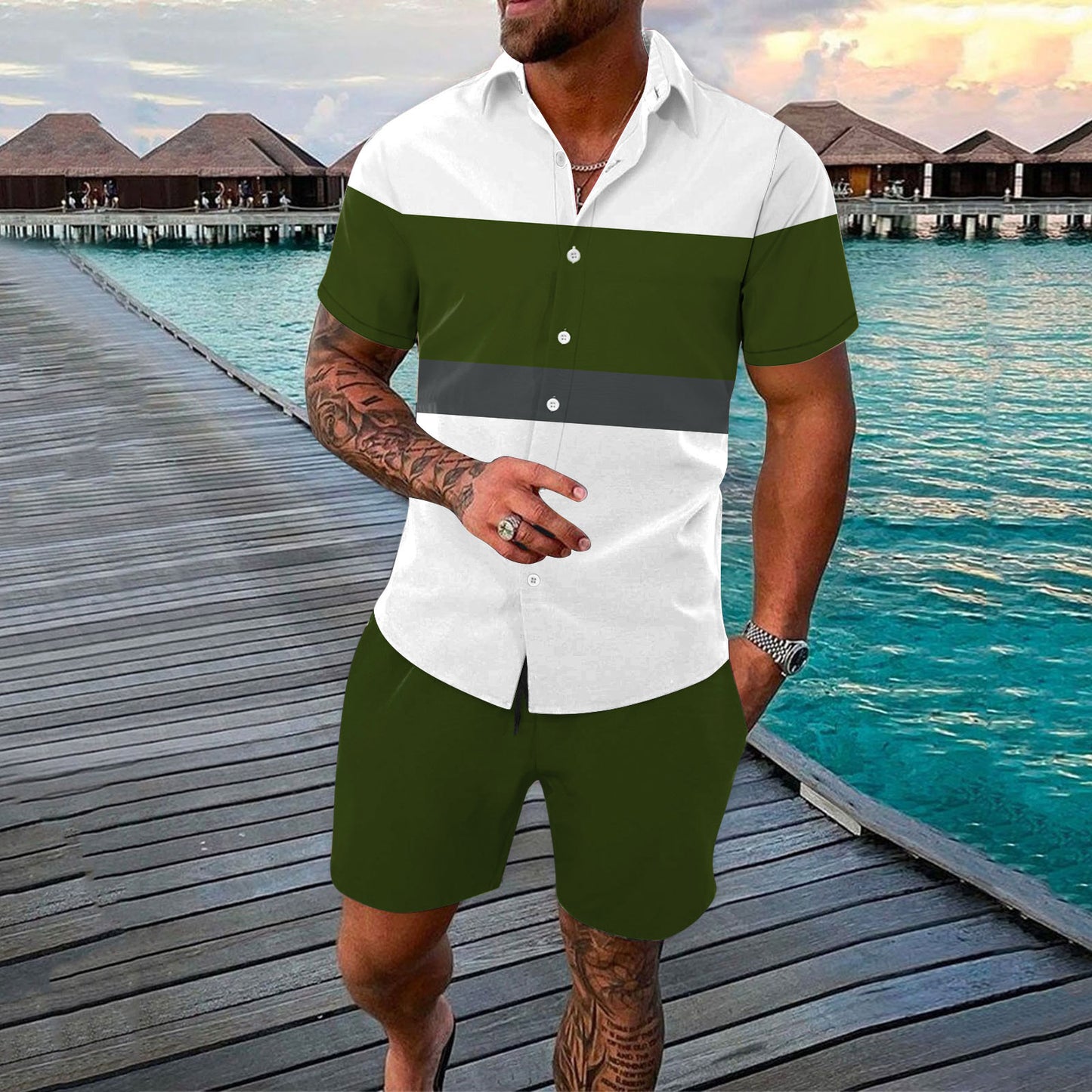 Men Summer 2-Piece Set Shirt & Shorts Casual Outfit