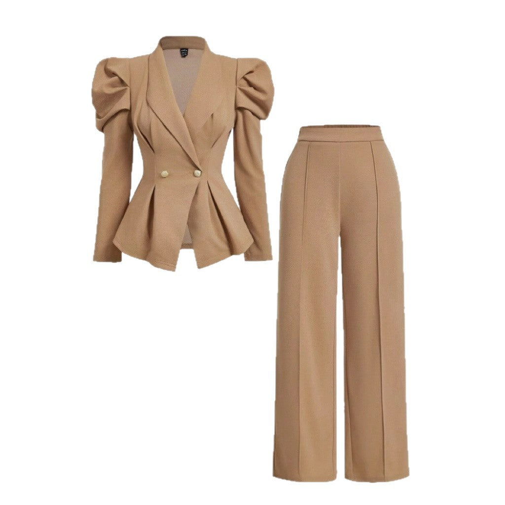 Elegant 2-Piece Suit Set – Blazer Top & High Waist Pants