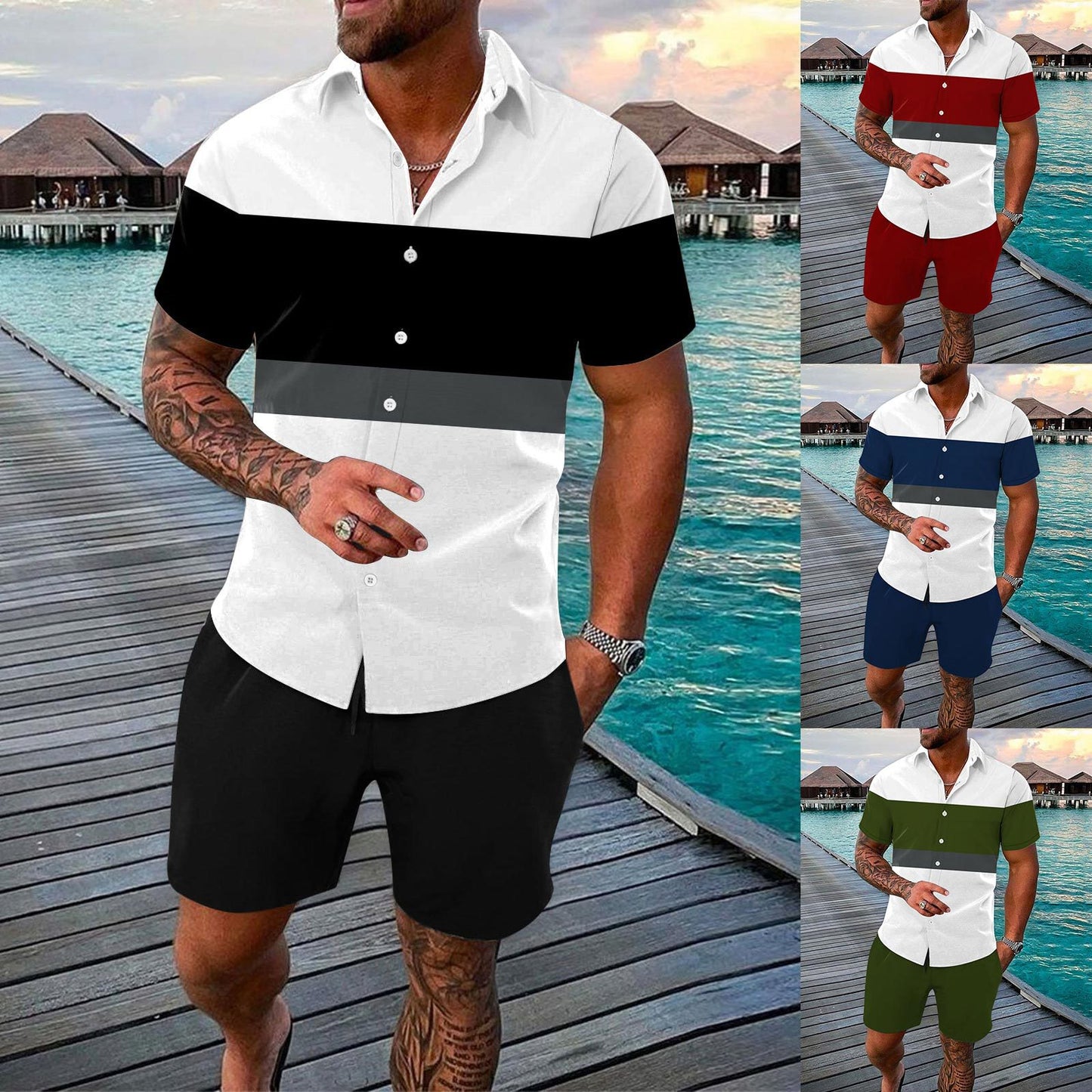 Men Summer 2-Piece Set Shirt & Shorts Casual Outfit